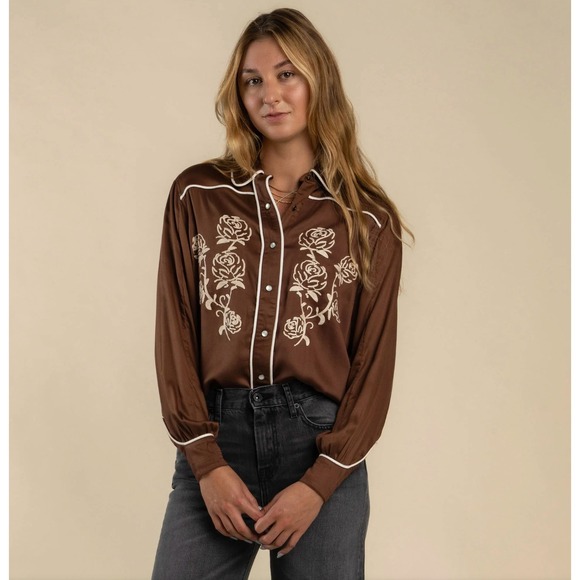 Sendero Provisions Co. Tops - Sendero Provisions Dakota Pearl Snap Shirt Brown Western Floral Embroidered XL